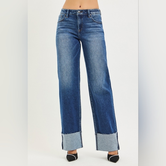 RISEN Mid Rise Dark Wash Wide Straight Leg Jeans Wide Cuff Various NEW - Picture 2 of 6